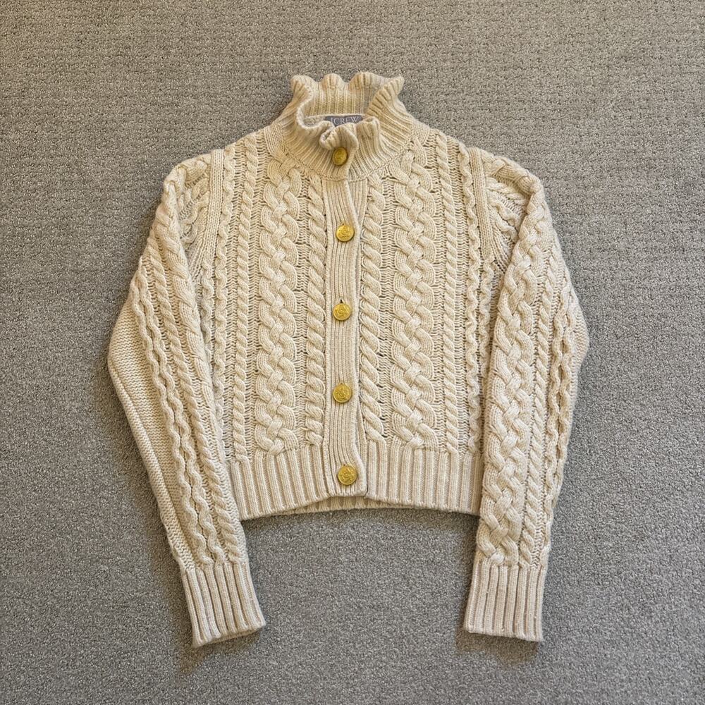 J. Crew Cable Knit Ruffle Neck Cardigan Sweater Butter Cream Women Sz Small